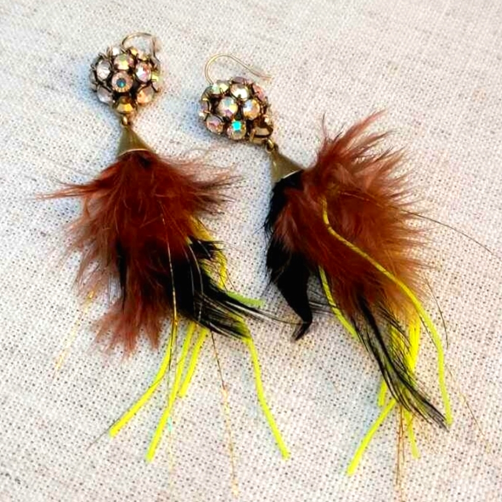 J. Crew Fun Feathered Jeweled Neon Statement Earrings